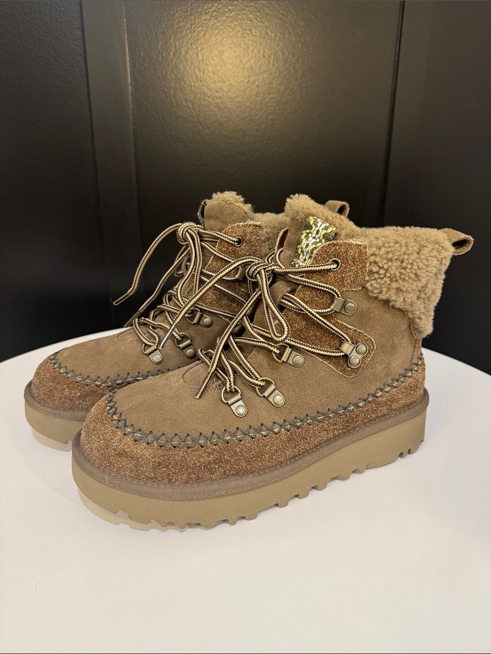 UGG Brown Suede Lace-Up Shearling-Trim Boots